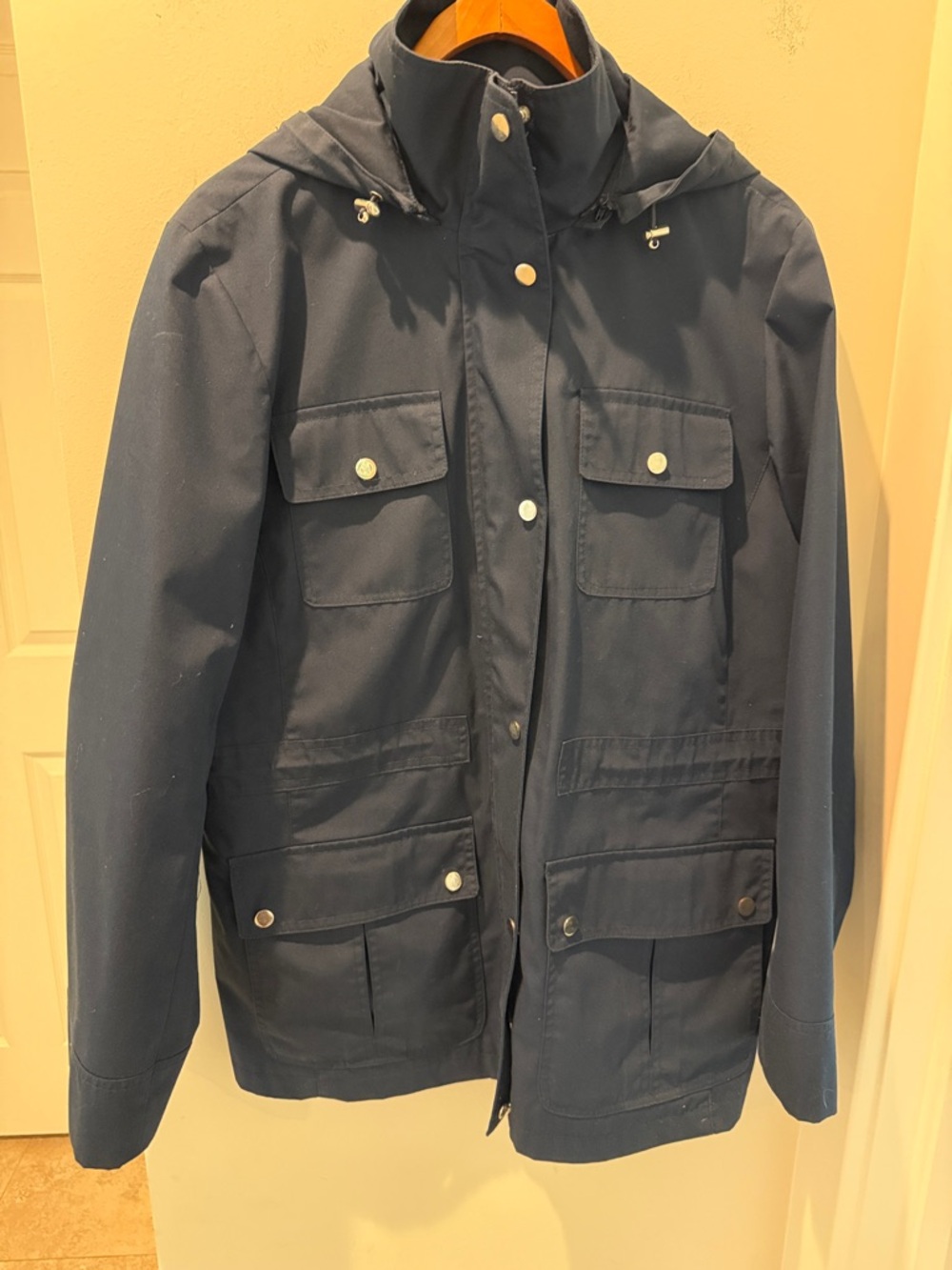 London Fog Navy Blue Parka With Removable Hoodie Cinched Waist Size XL